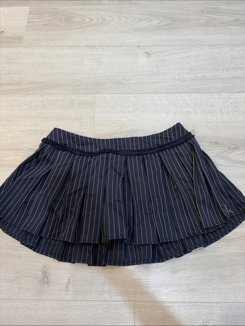 Fashion Nova Navy Pinstripe Flared Tier Skirt